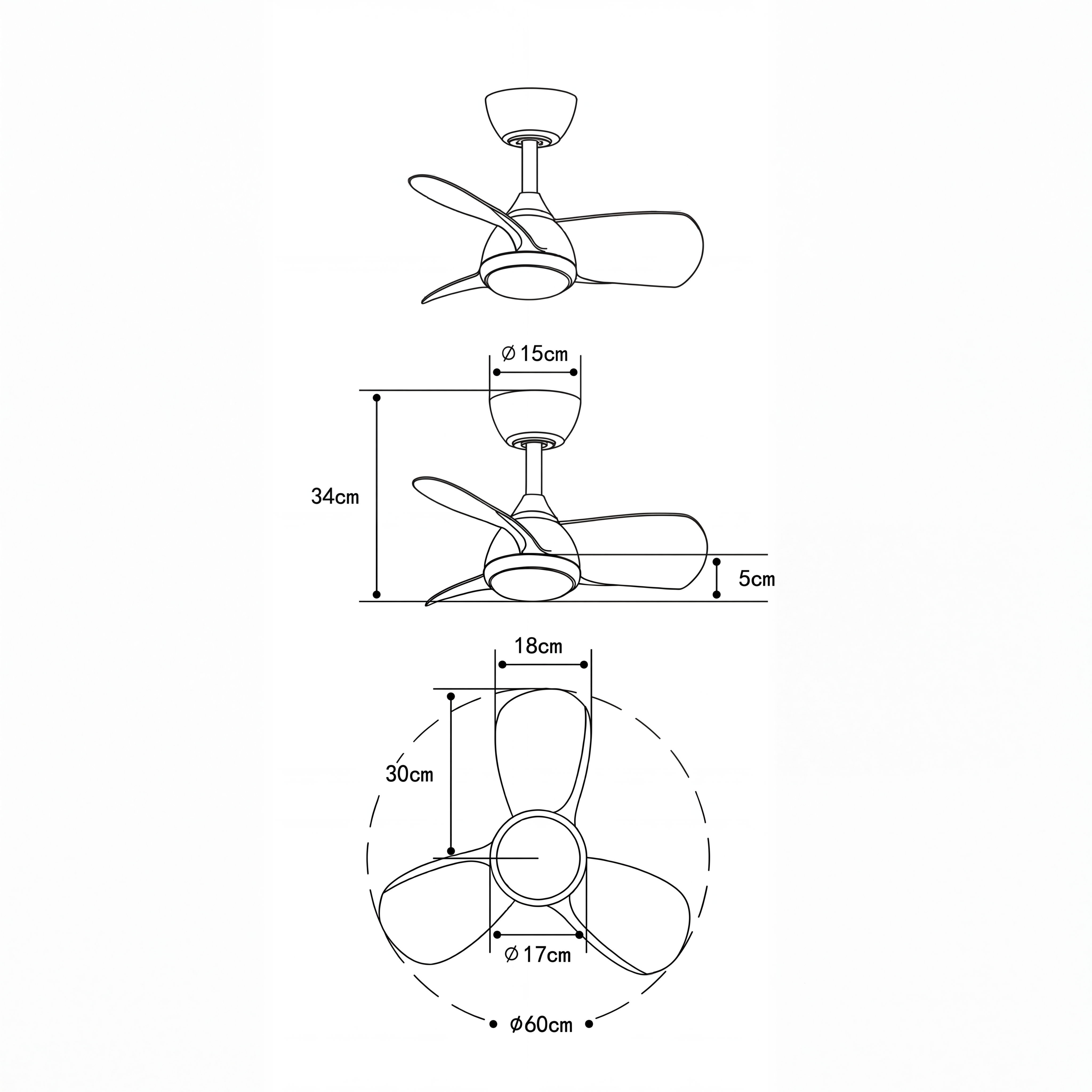 Veleo Deckenventilator 60 cm für Räume bis 8 m² – 3 Flügel aus ABS
