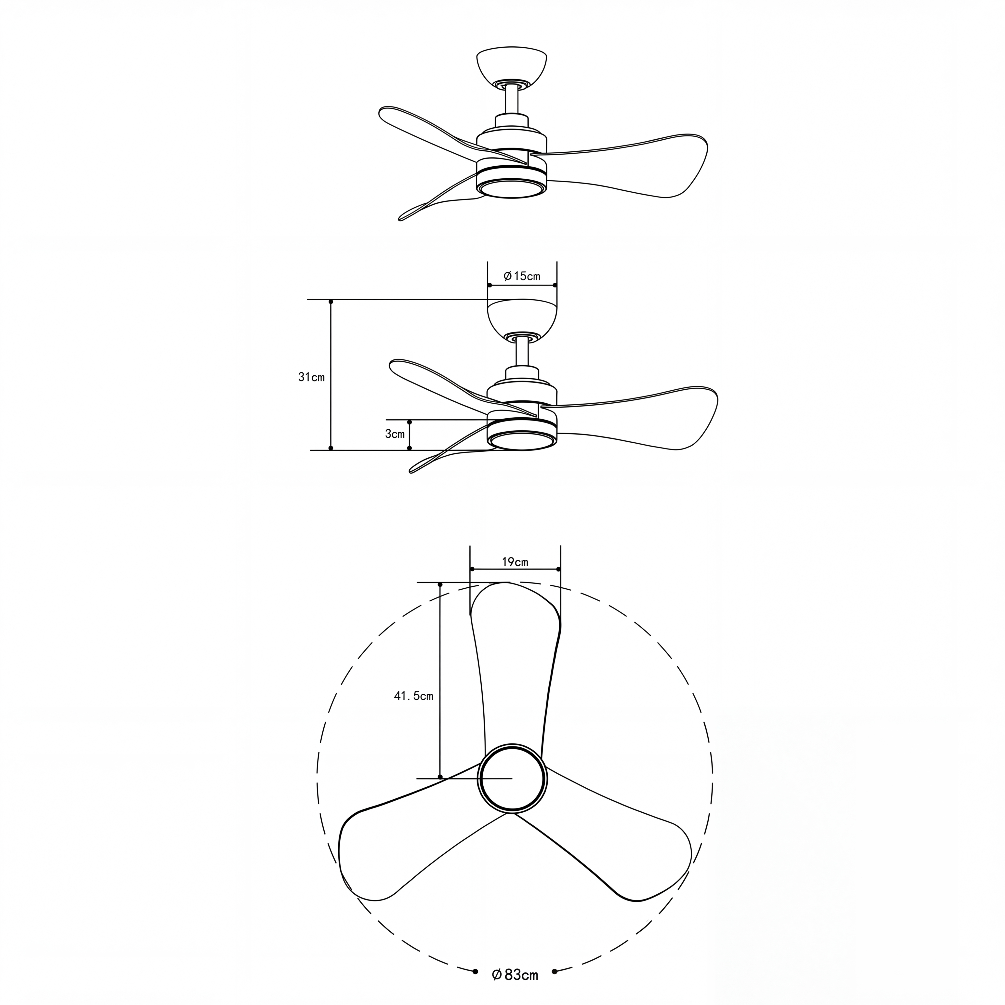 Turqueta Deckenventilator, 83 cm (für Räume bis 8 m²) – 3 Flügel aus ABS mit LED-Beleuchtung, kompaktes Design